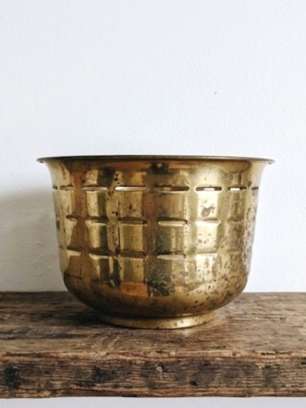 Vintage Brass Planter Grid Design Cachepot Made in India Flower Pot Patina 8"